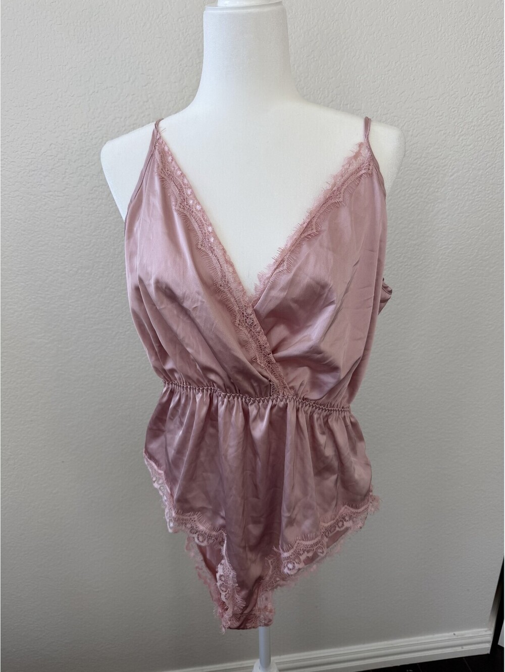 Avidlove Pink Satin Lace Trim Teddy Bodysuit balletcore lingerie